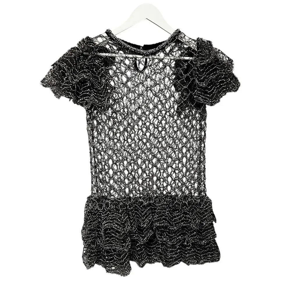 Chanel Black White Beaded Fishnet Ruffled Short Sleeve Dress Womens 38 / US 6?